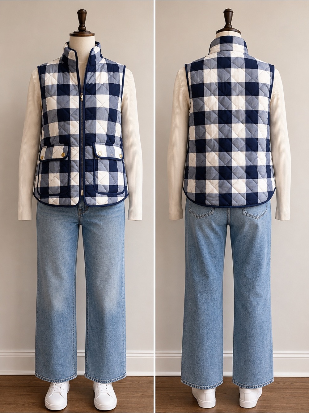 Artisan NY Quilted Puffer Vest Navy Buffalo Plaid Utility Pocket Zip Front Women